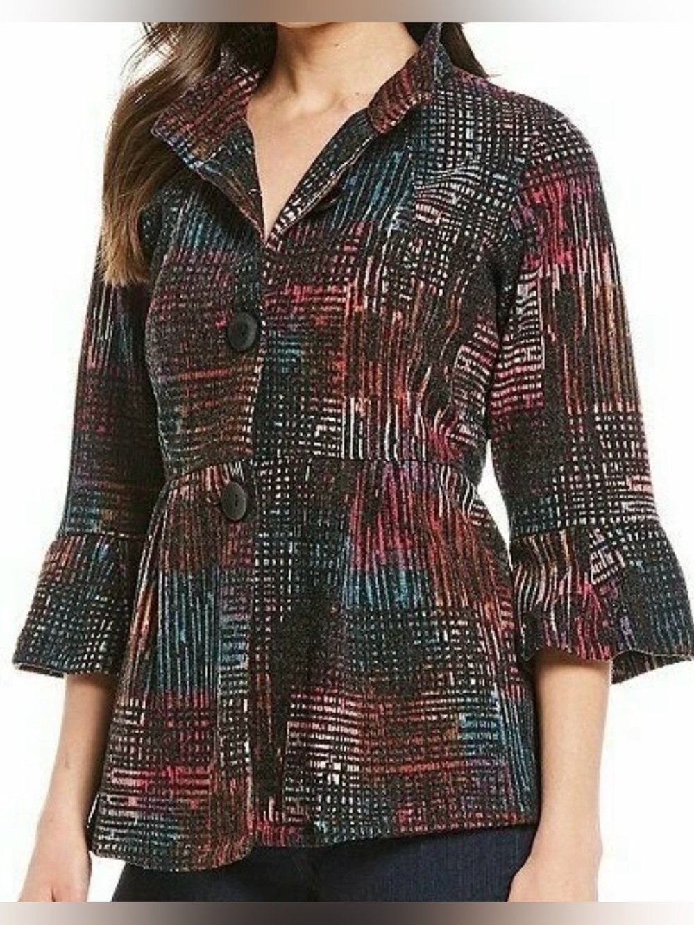 Ali Miles Jacket Womens 3X Multicolor Button Peplum Soft Brushed Knit Art